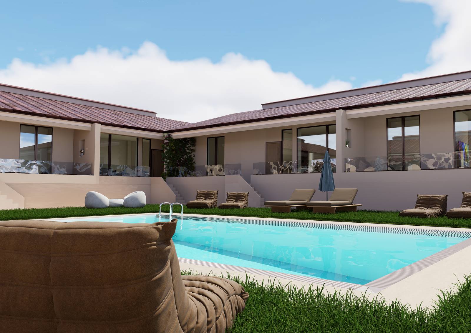 Shared pool courtyard between low-rise residences at Markopoulo