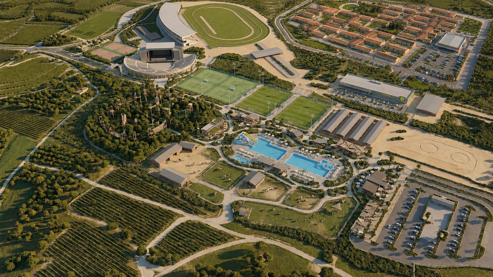 Aerial visualisation of the Markopoulo masterplan: open-air amphitheatre, pool complex, tennis and football pitches, adventure park and equestrian paddocks among the vineyards